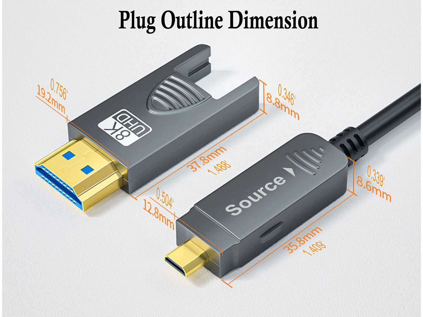 SkyeySnail 8K Fiber Optic HDMI Cable 6.6ft/2m, Micro HDMI to HDMI 2.1, Detachable Type A+D, 48Gbps Ultra Speed, HDR, 3D, eARC, in Wall CL2 / CL3
