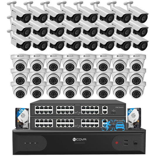 4COVR 4K 64 Channel Security Camera System PoE Human/Vehicle Detection, UtraHD 8MP NVR 16TB HDD, 24 Dome 24 Bullet 8MP Commercial IP Camera IP67 Night