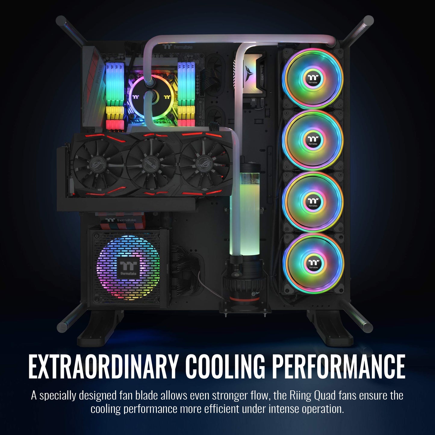 Thermaltake Riing Quad 120mm 16.8 Million RGB (Alexa, Razer Chroma sync-able), 4 Light Rings 54 Addressable LED, 9 Blades Hydraulic Bearing Case/Rad