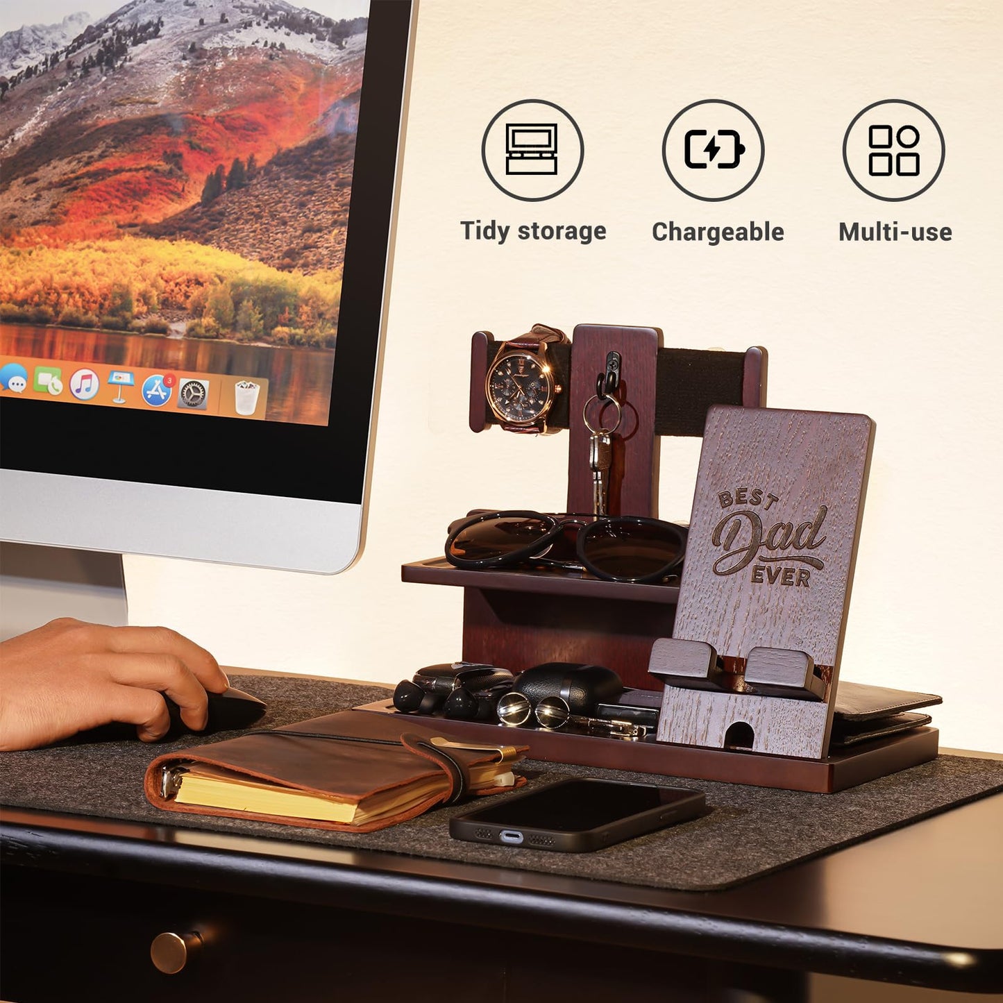 ProCase Gifts for Dad, Wood Phone Docking Station for Men, Dad Gifts From Daughter Son, Mens Nightstand Organizer, Anniversary Birthday Gifts for Dad