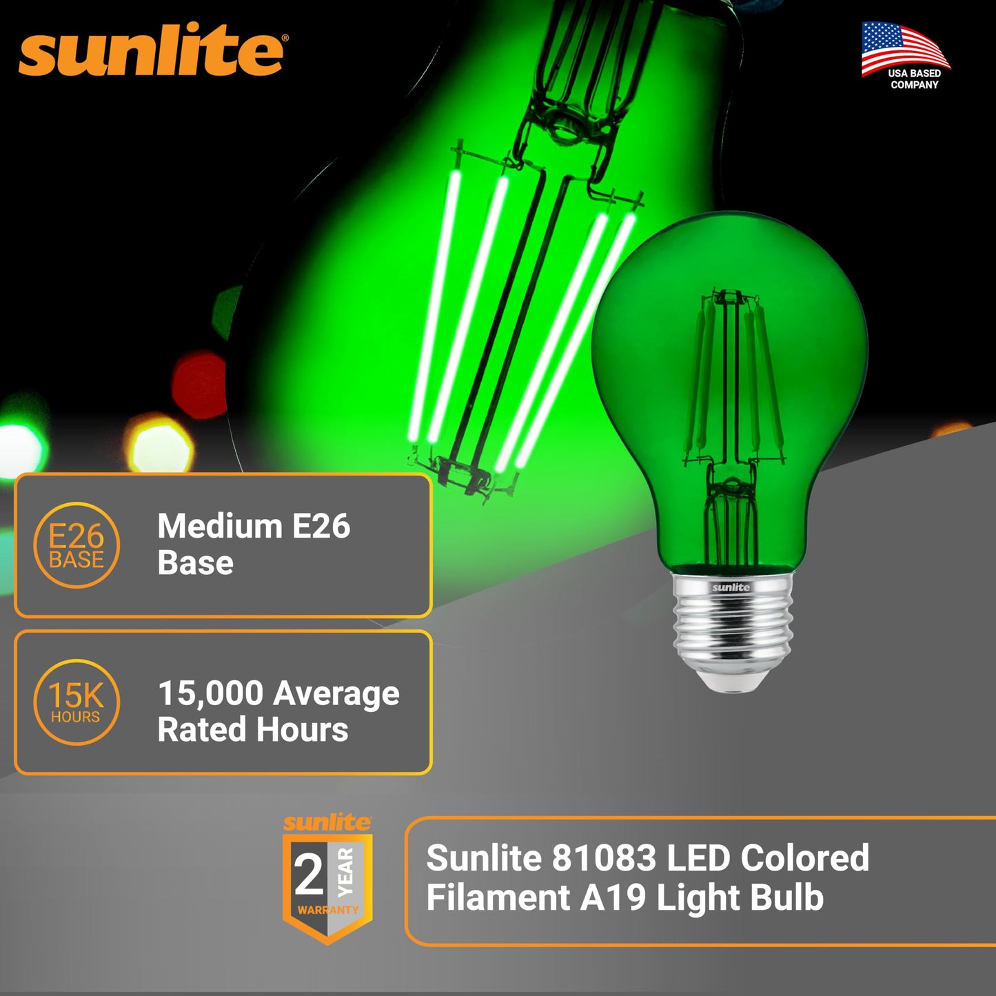Sunlite 81083 LED Colored Filament A19 Light Bulb, 4.5 Watts, Medium E26 Base, 120 Volts, Transparent Green, Dimmable, 320 Degree Beam Angle, UL
