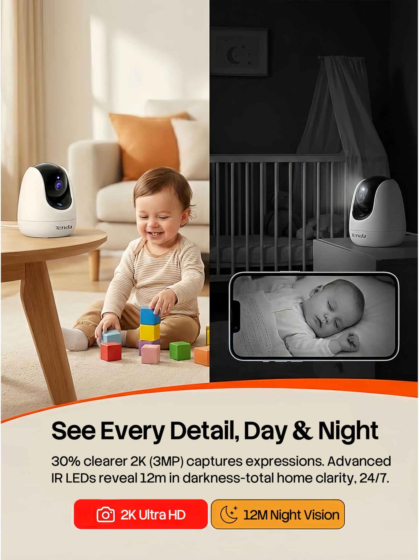 Tenda CP3 Pro 2K Indoor Security Camera with WiFi 6 & AI Baby/Pet Detection - Baby Monitor, Pet Camera for Home, One-Touch Calling, Night Vision