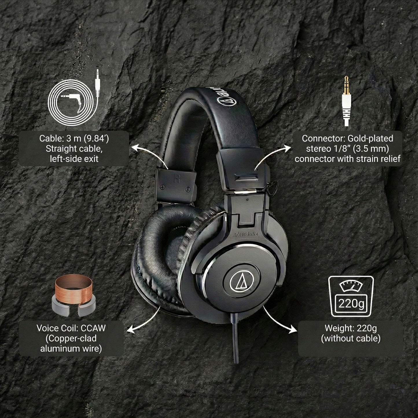 Audio-Technica ATH-M30x Professional Monitor Headphones - Black Bundle with Case, Stand, Pouch, and Austin Bazaar Polishing Cloth