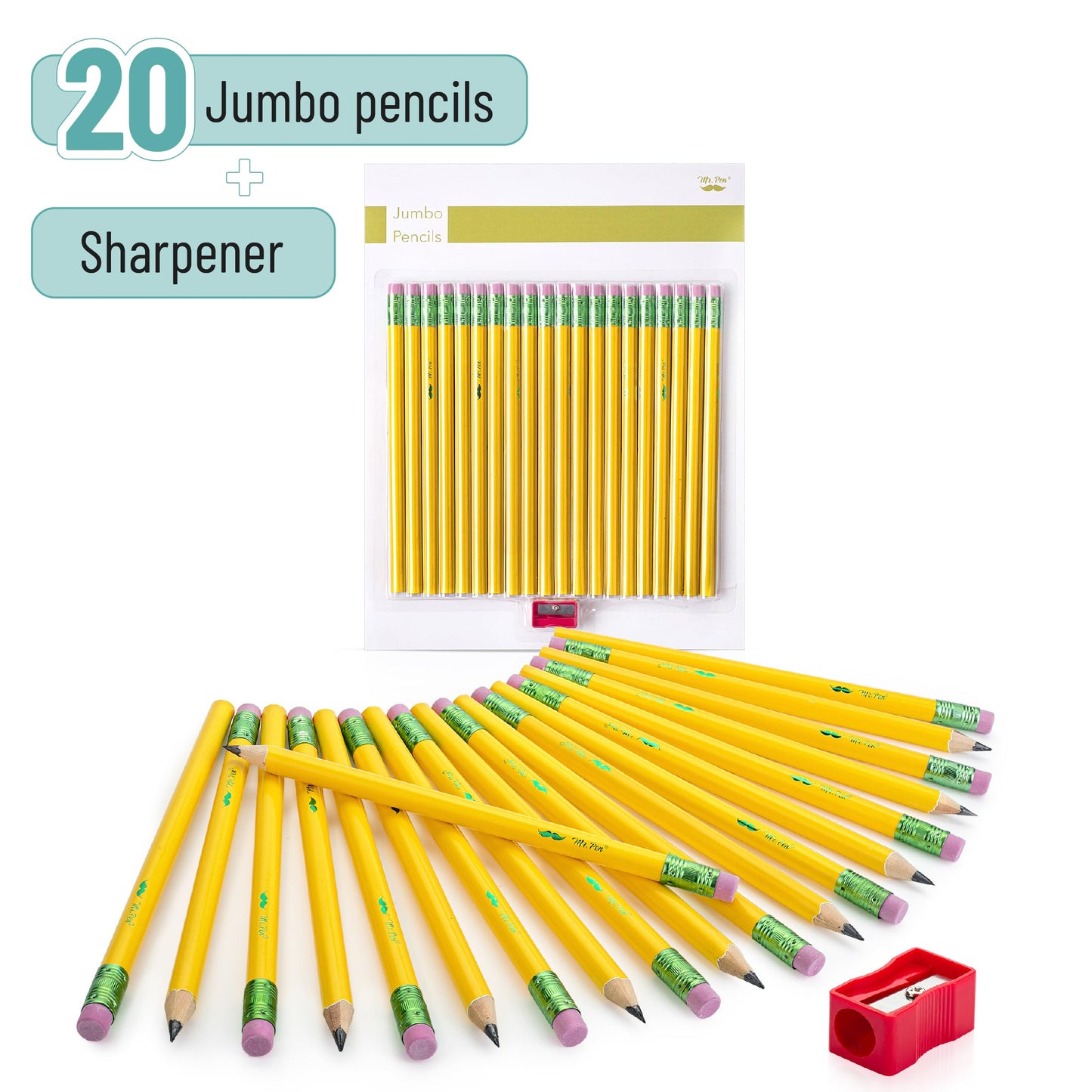 Mr. Pen- Jumbo Pencils, 20 Pack with 1 Sharpener, Yellow Barrels