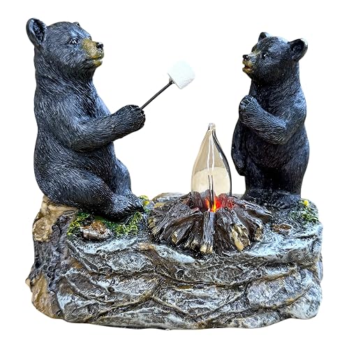 Top Brass Rustic Black Bear Campfire Night Light - Plug-in Flickering Flame Cabin Decor - Hand-Painted Resin Wildlife Accent for Lodge, Bathroom