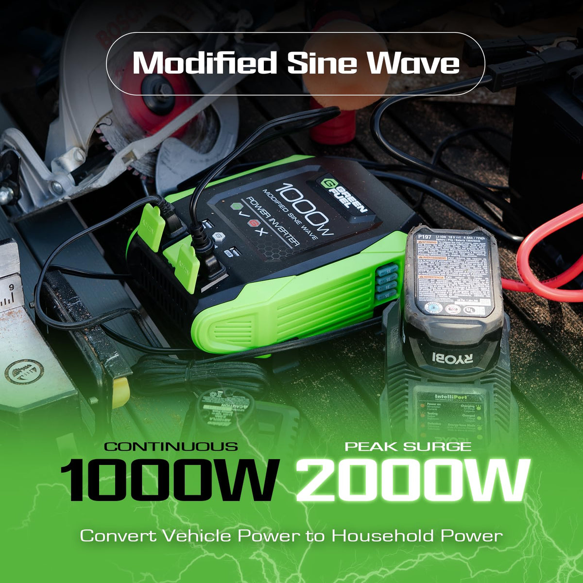 Green Fuel 1000W Power Inverter 2000W Peak, DC 12V to 3X 120V AC