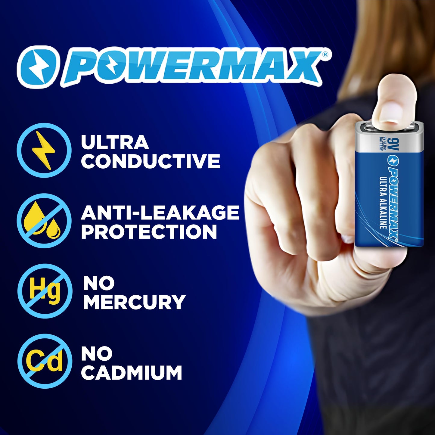 Powermax 12-Count 9V Batteries, Ultra Long Lasting Alkaline Battery for Home and Office, 7-Year Shelf Life, Reclosable Packaging