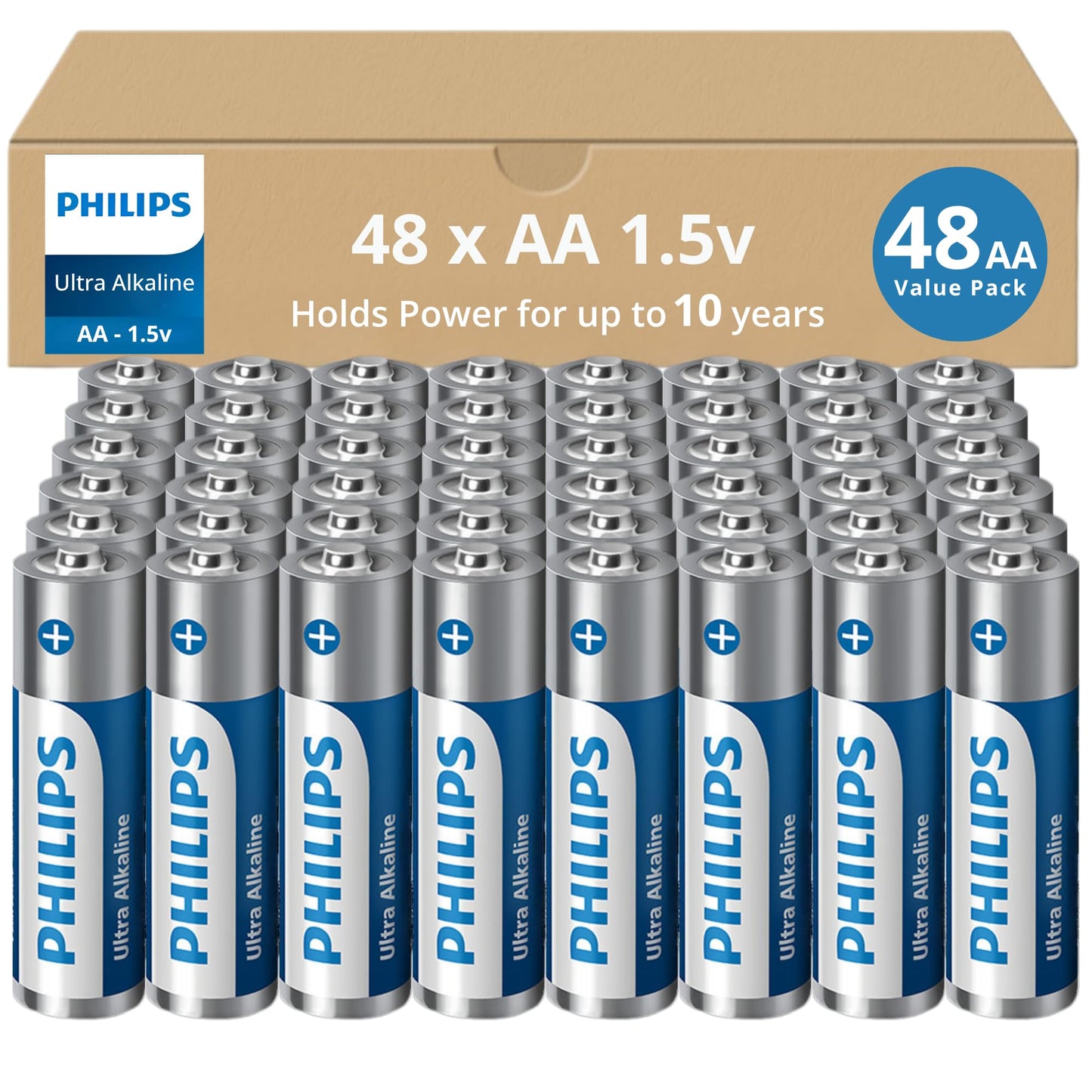 PHILIPS AA Batteries 48 Pack | 1.5v Ultra Alkaline Double A Battery | 132% More Power Then Industry Standard | Long-Lasting | 10-Year Shelf Life…