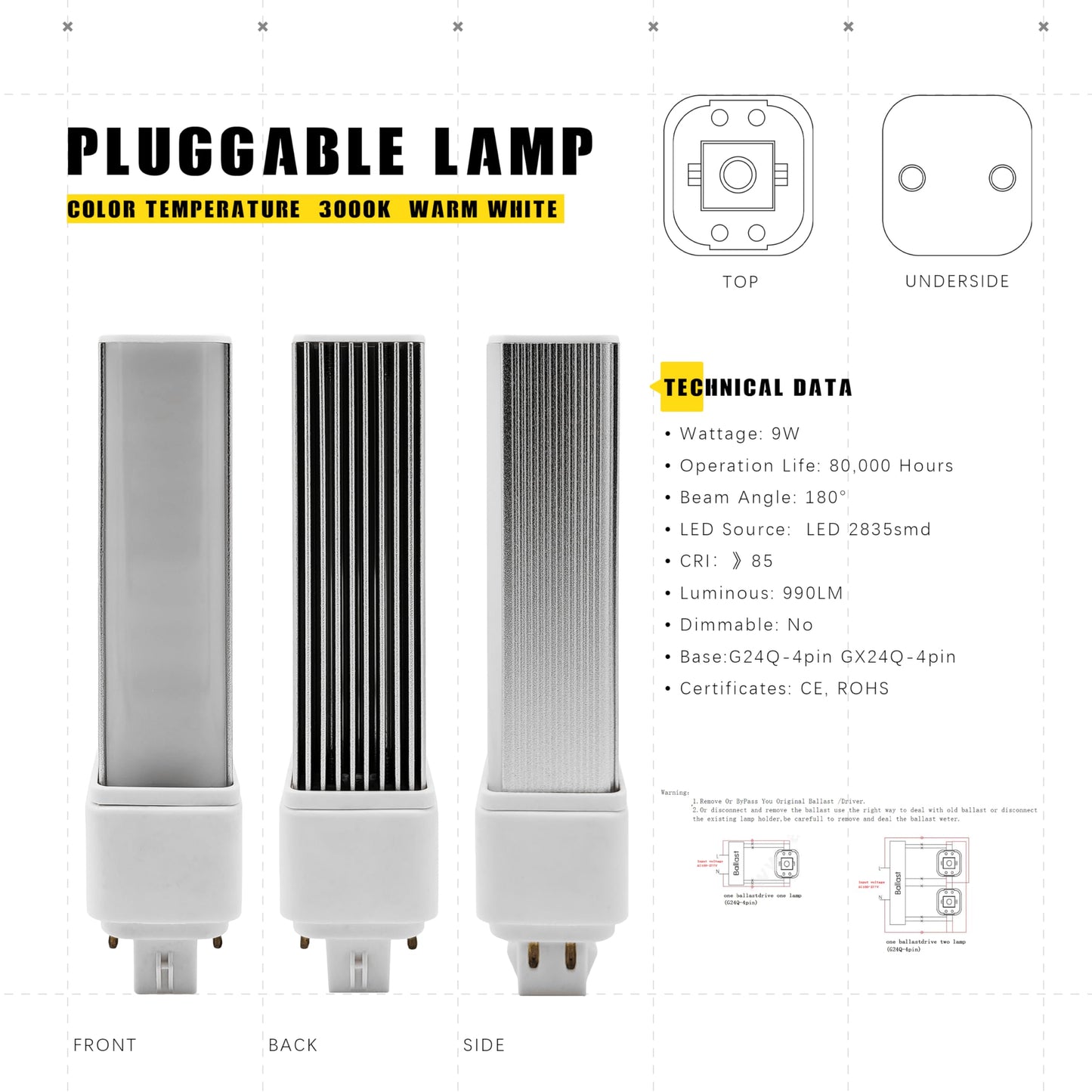 QLEE 9w Gx24q 4-Pin Vertical LED Light Bulb PL-C Retrofit Equivalent CFL 18w G24q-2 G24q-3 990 Lumen 314° Free Rotable Flicker Free Recessed G24q Base