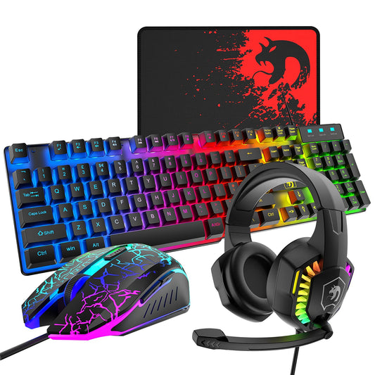 Wired Gaming Keyboard and Mouse Headset Combo,Rainbow LED Backlit Wired Keyboard,Over Ear Headphone with Mic,Rainbow Backlit Gaming Mice,Mouse Pad,for