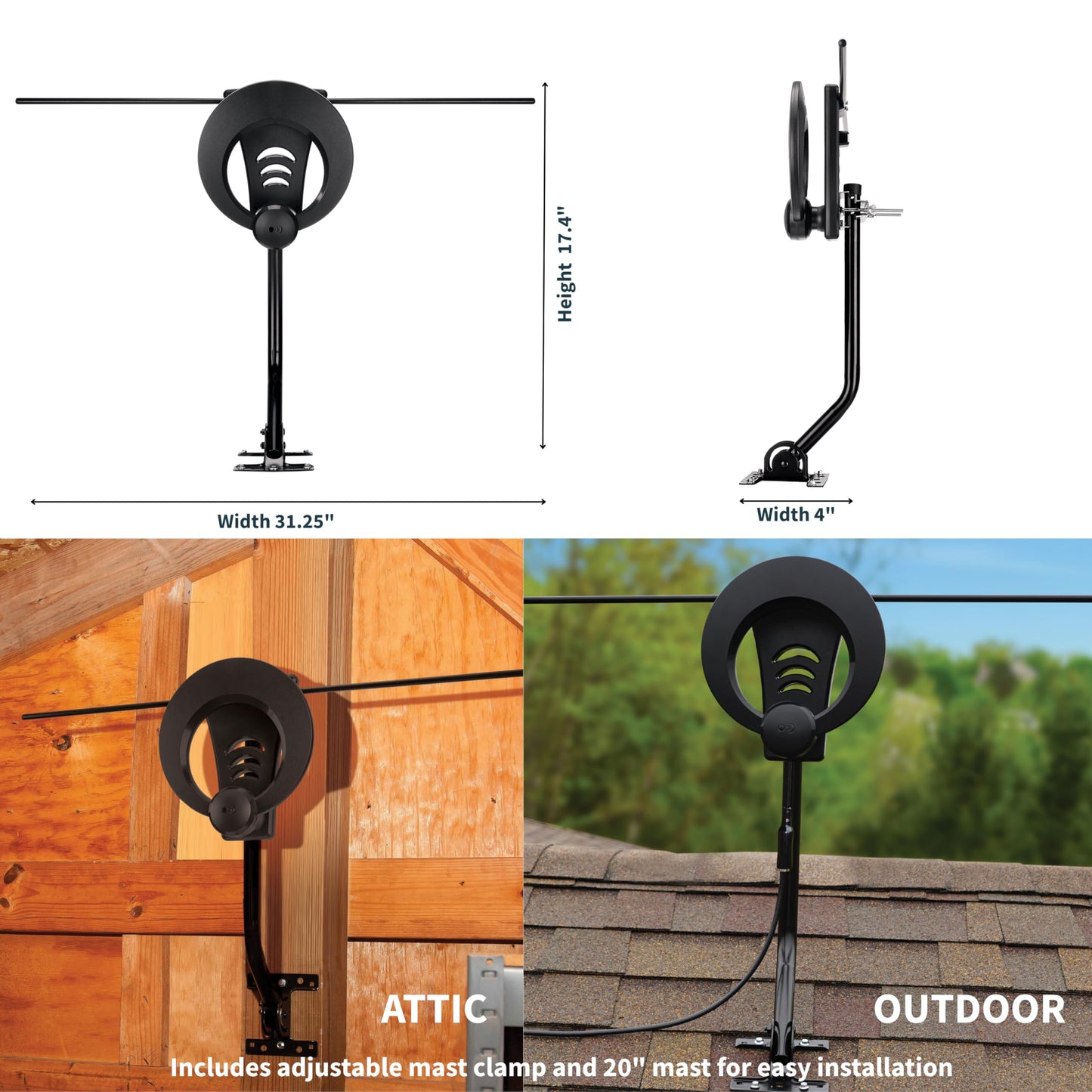 ClearStream Antennas Direct 1MAX Indoor Outdoor TV Antenna, UHF VHF, Multi-Directional, 40+ Mile Range, 4K 8K UHD NEXTGEN TV - w/ 20-inch Mast (Black)