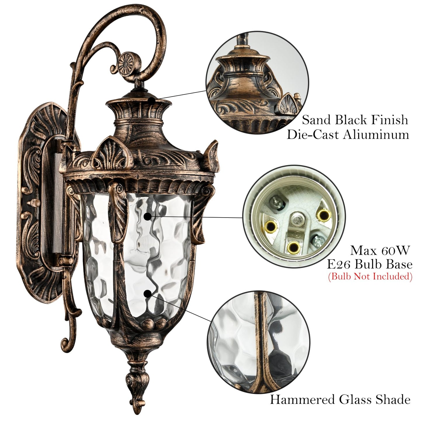 SAMTEEN Outdoor Wall Light Fixtures Bronze 20.1" Exterior Wall Lantern Sconce with Hammered Glass Shade Waterproof Porch Lights Wall Mount Outside