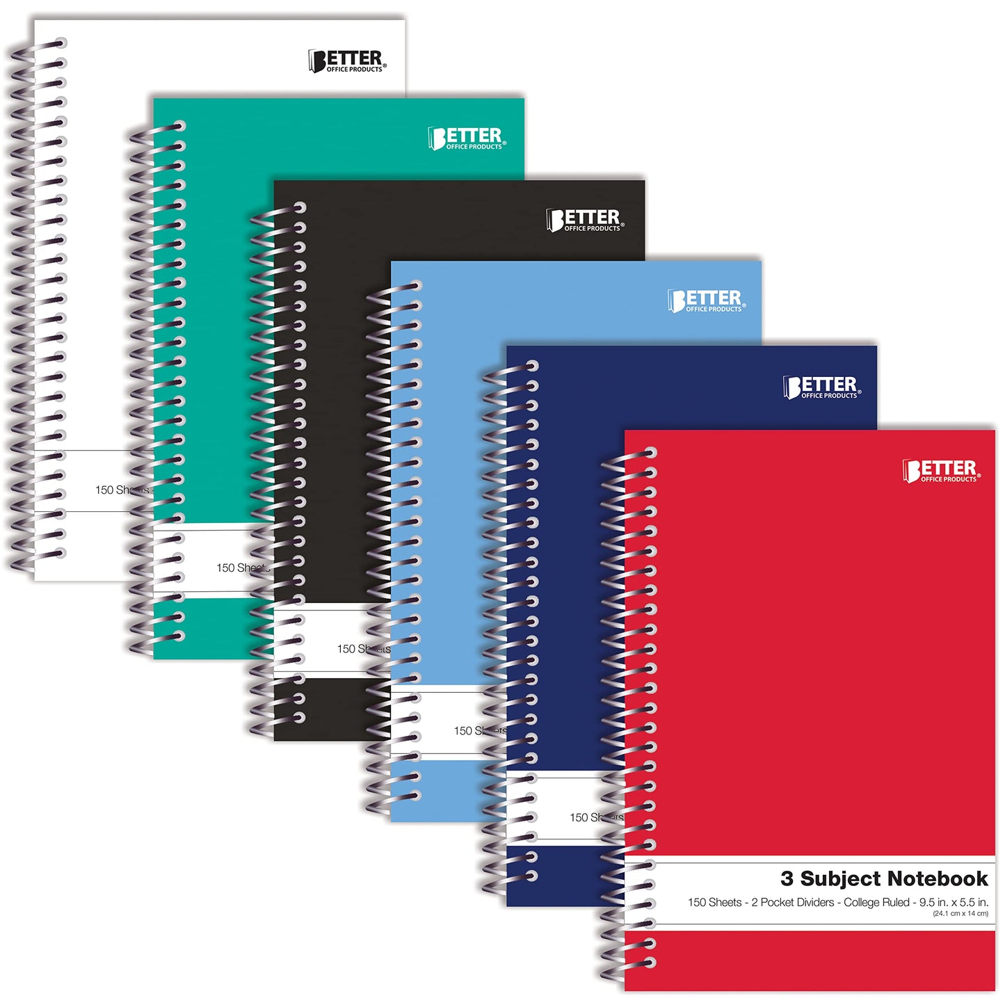 Better Office Products 3 Subject Spiral Notebooks, 9.5 x 5.5 inch, 6 Pack, 150 Sheet Notebook with 2 Double-Sided Pocket Dividers, Assorted Solid