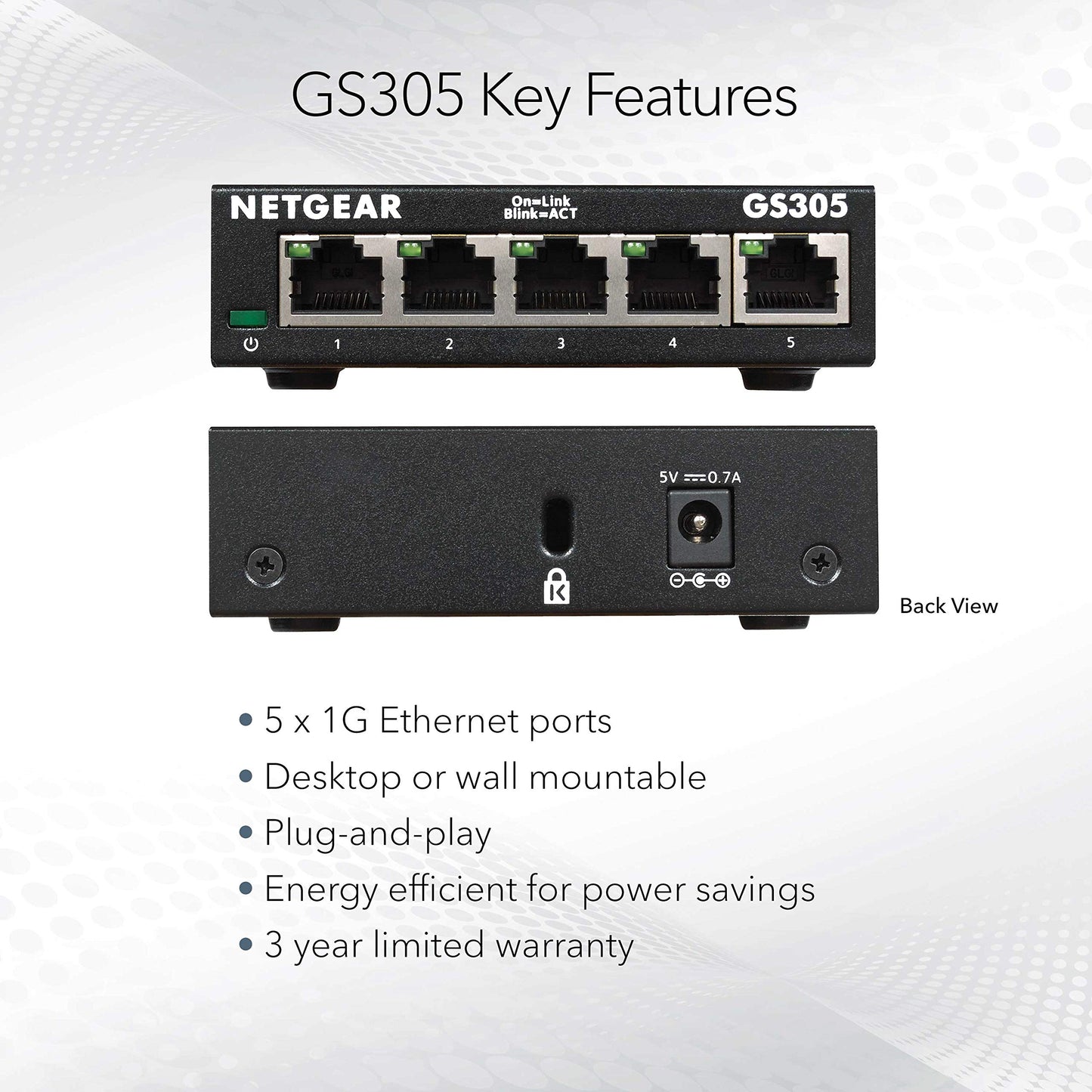 NETGEAR 5-Port Gigabit Ethernet Unmanaged Essentials Switch (GS305) - Home Network Hub, Office Ethernet Splitter, Plug-and-Play, Silent Operation