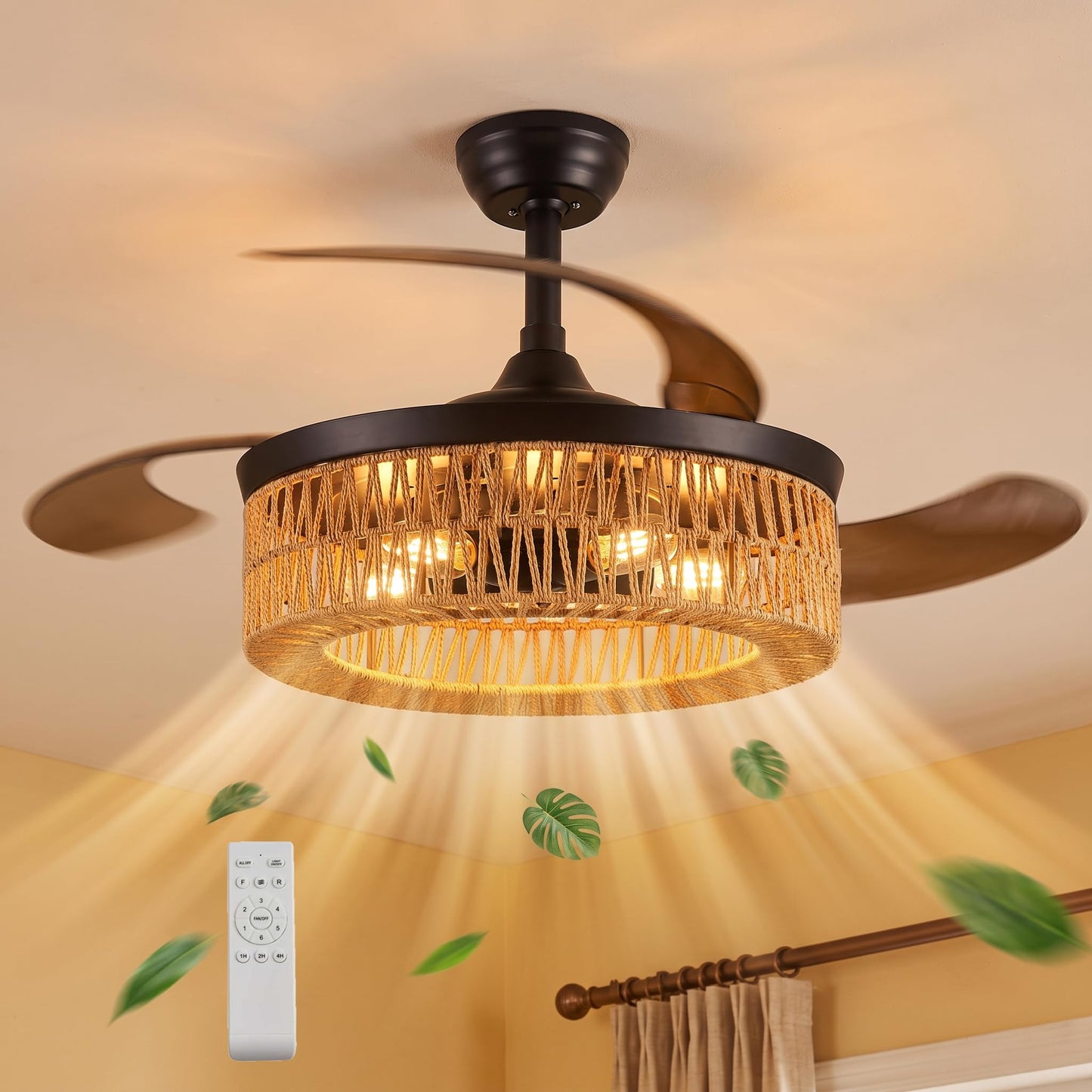 48 Inch Retractable Ceiling Fans , Boho Caged Farmhouse Ceiling Fanwith Lights and Remote, Invisible Rattan Fandelier with 6 Speeds,Timer