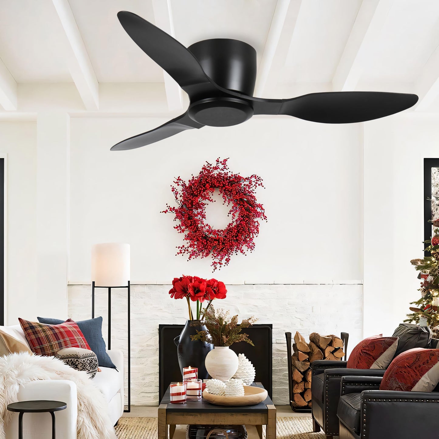 Wanze of ocean 42 Inch Ceiling Fan No Light, Flush Mount Black Ceiling Fan with Remote, 6 Wind Speeds, Reversible DC Motor, Low Profile Ceiling Fans