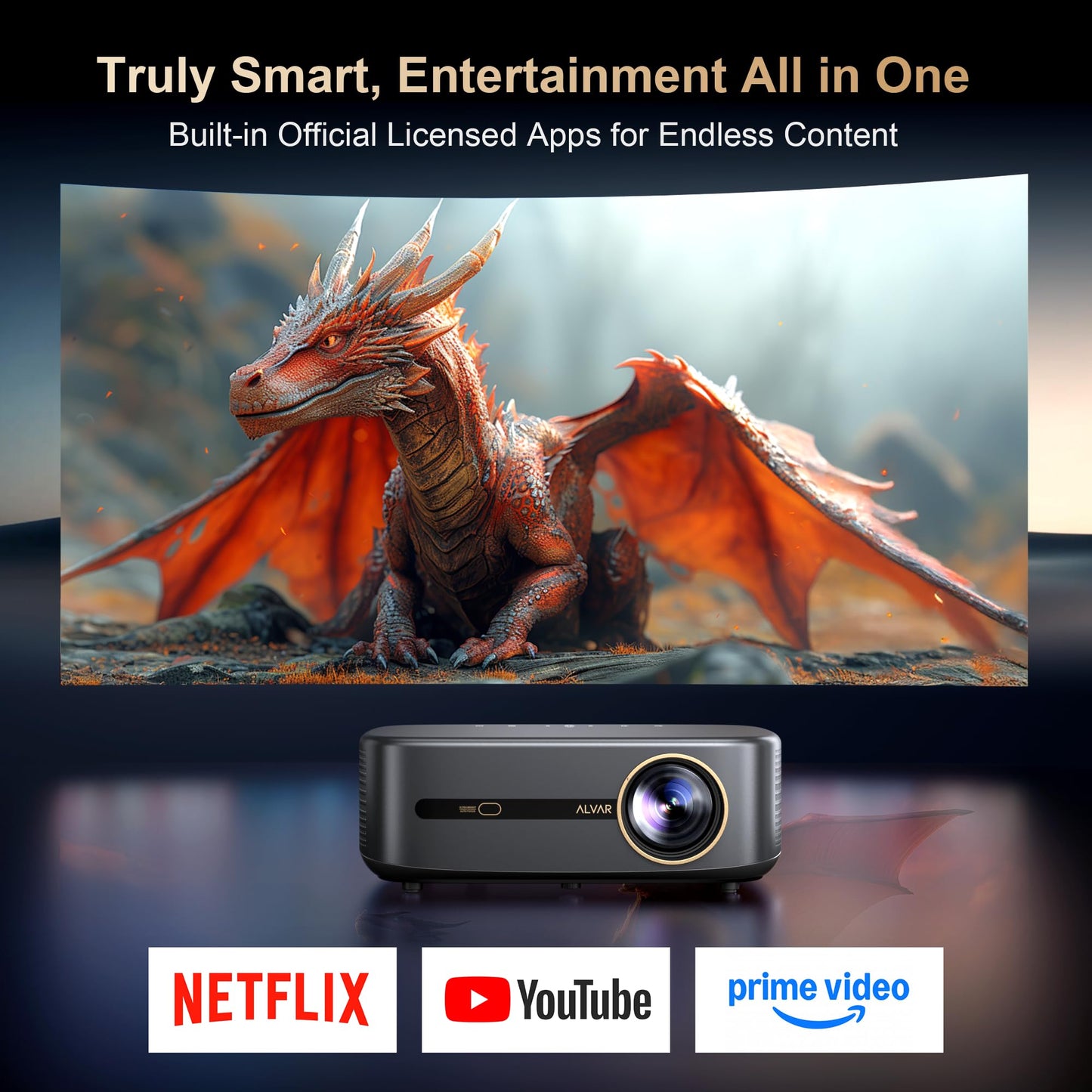 Alvar Smart Projector 2026 Upgraded, 2000 ANSI, 4K Supported, Built in NetfIix App, DoIby Audio & 50W Speakers, Auto Focus, WiFi 6, Bluetooth 5.3