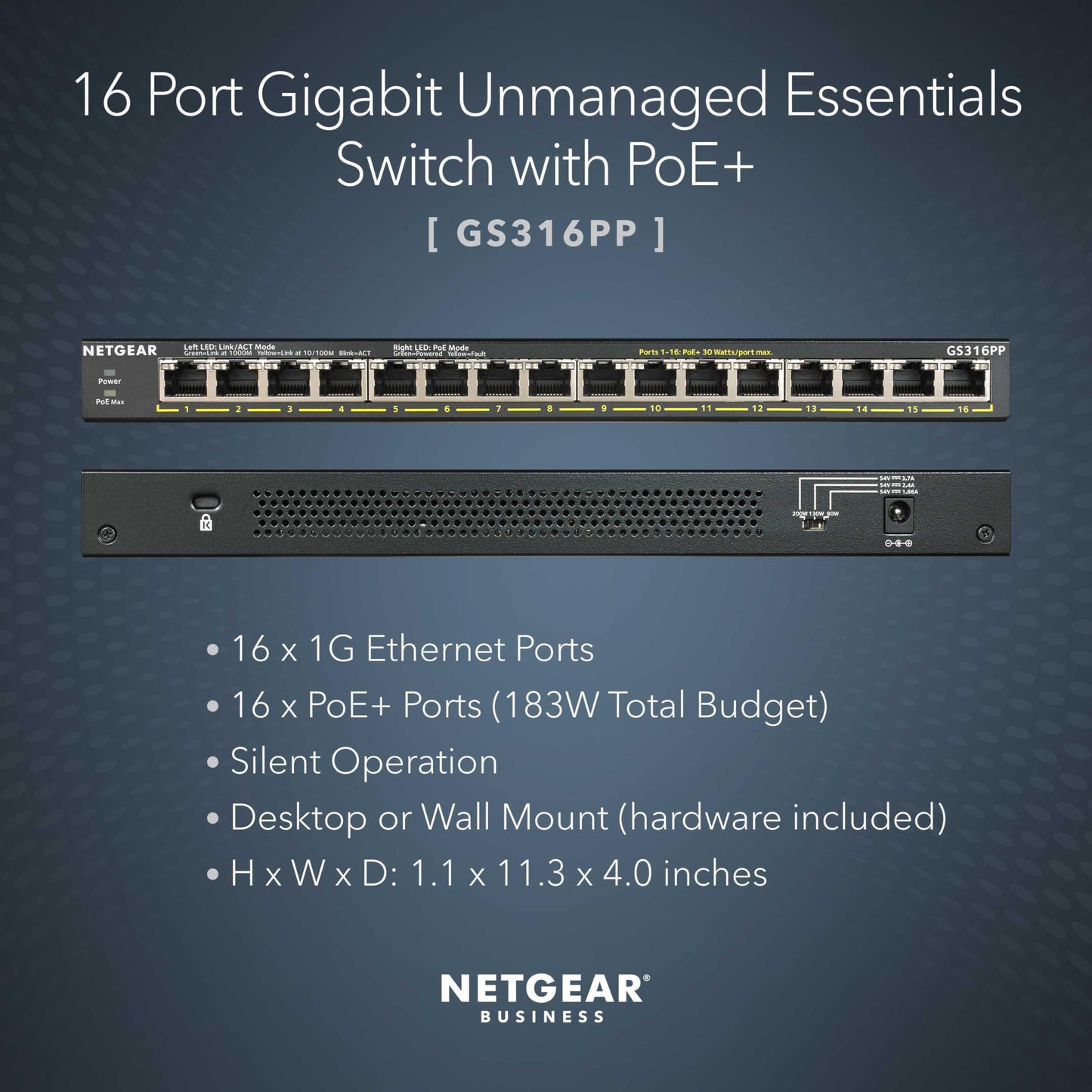 NETGEAR 16 Port PoE+ Gigabit Switch - Unmanaged Essentials Ethernet Switch (183W), Fanless Design for Silent Operation, Desktop or Wall Mount
