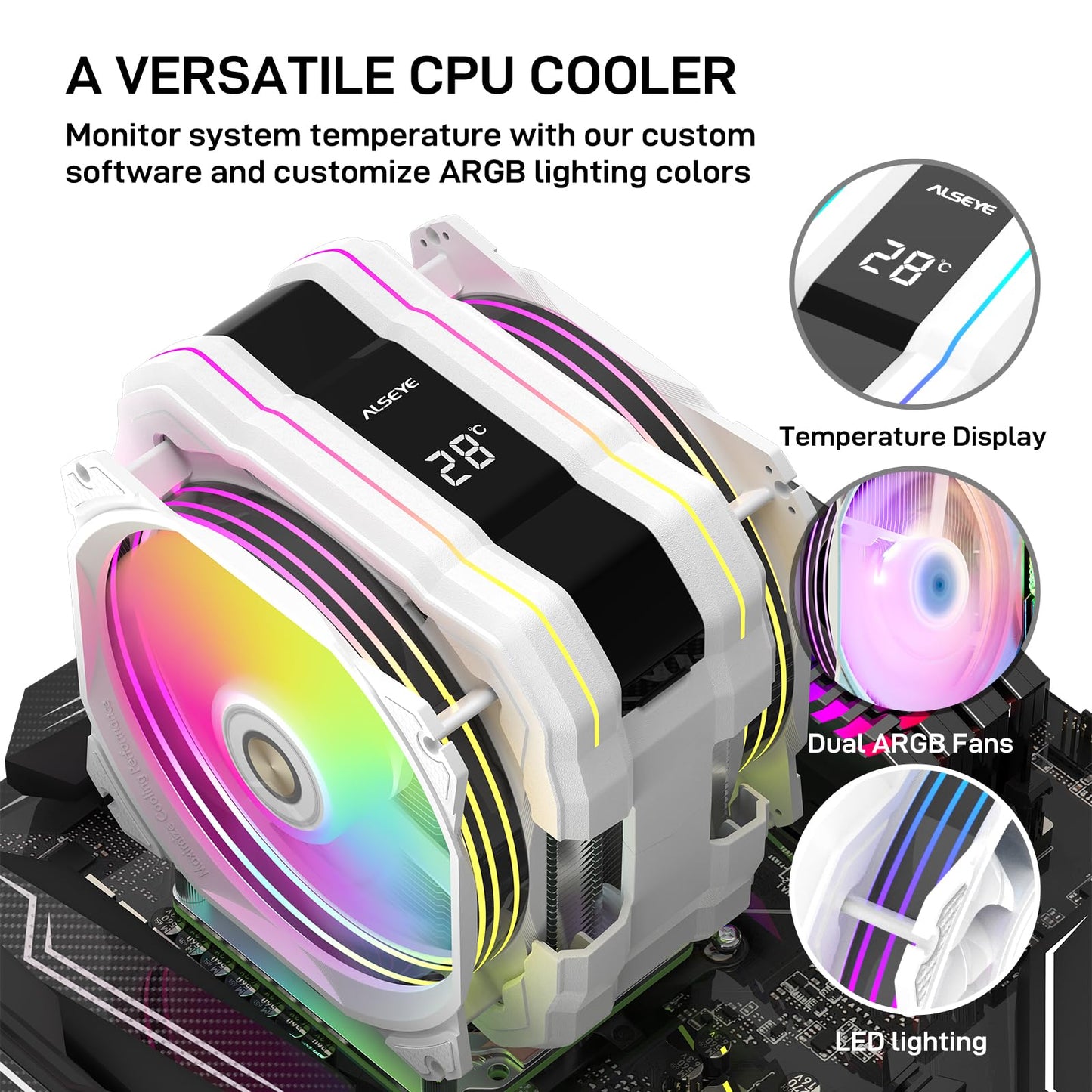ALSEYE M120D Plus CPU Cooler with Temperature Display, Dual ARGB & PWM Fans, 6 Copper Heat Pipes - Compatible with Intel