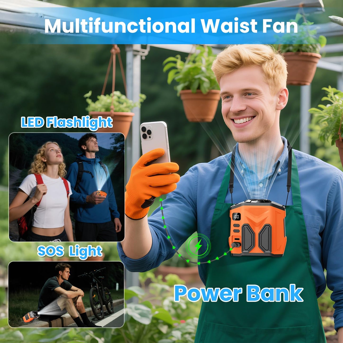 OCOHW Portable Personal Waist Fan Rechargeable, 10000mAh 13500RPM 5 Speeds