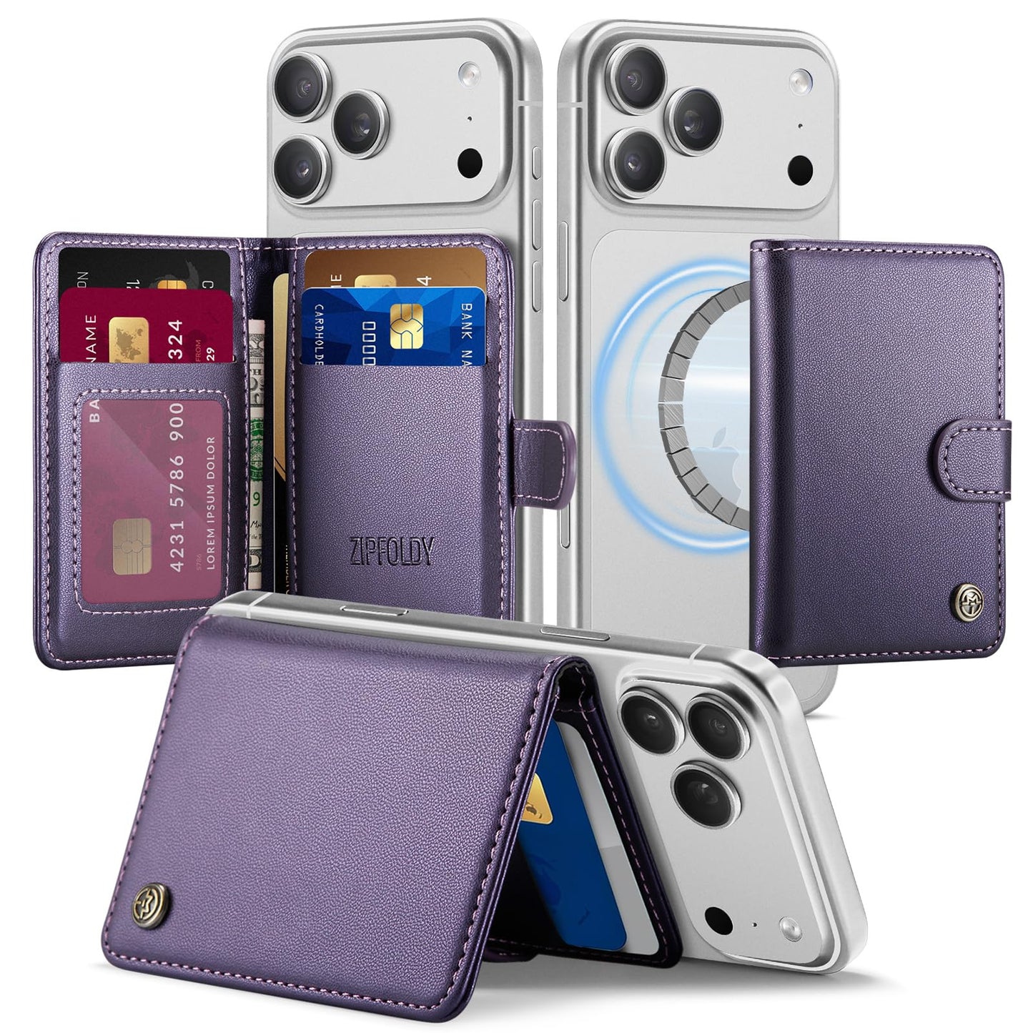 ZipFoldy for Magsafe Wallet, Magnetic Phone Wallet with RFID Blocking 6-Card Holder for Men Women Minimalist Slim PU Leather Kickstand for iPhone 17