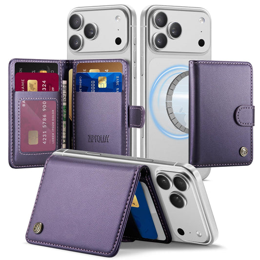 ZipFoldy for Magsafe Wallet, Magnetic Phone Wallet with RFID Blocking 6-Card Holder for Men Women Minimalist Slim PU Leather Kickstand for iPhone 17