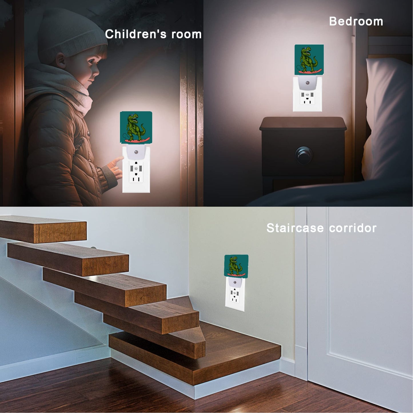 Oeaskly Dinosaur Night Light,Happy Dinosaur Surfer Night Lights Plug into Wall with Dusk to Dawn Light Sensors 0.5W Dim Night-Lights for Bedroom
