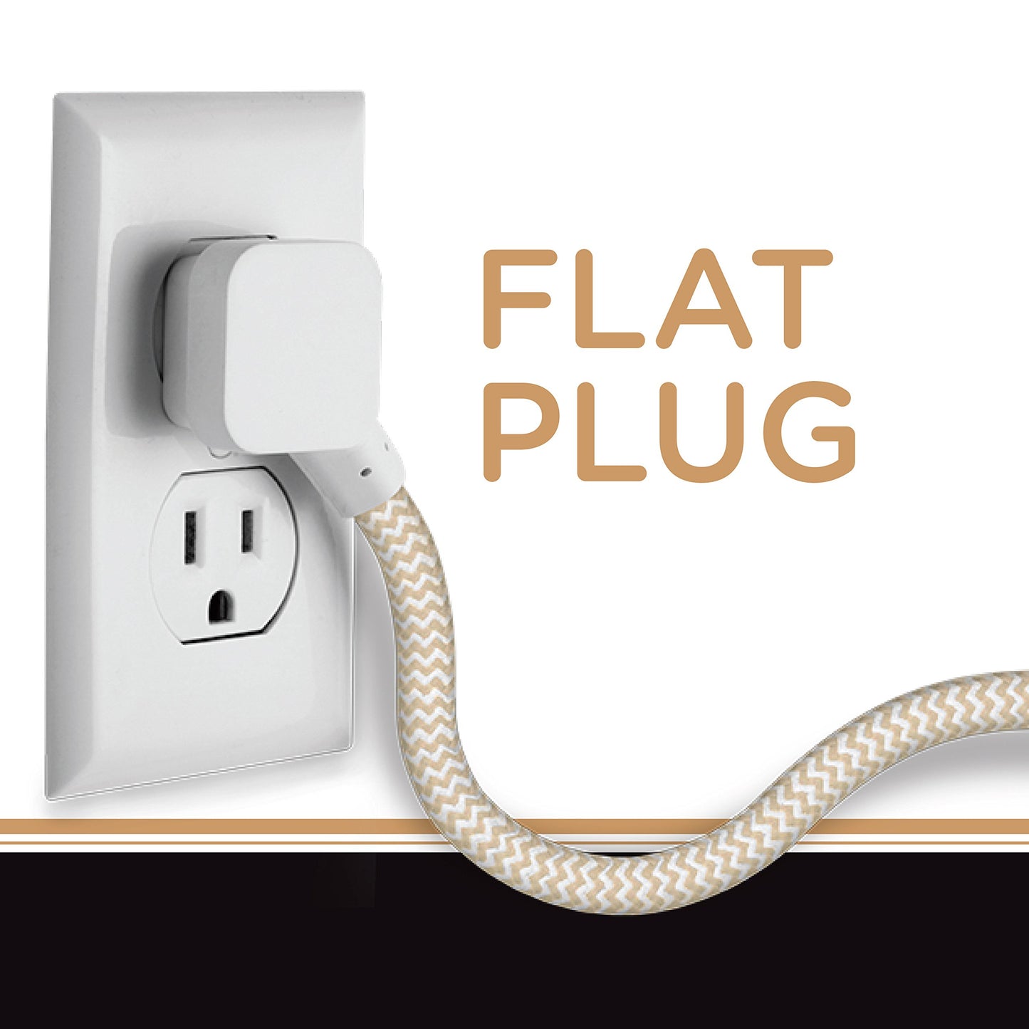 Cordinate 37922 Designer 3-USB Charging Extension Cord with Surge Protection, Brown Braided Fabric Cord, 10 ft, Low-Profile Plug, 3.4A USB Charging