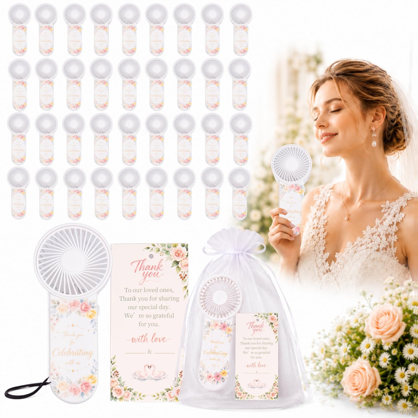 QORBVYNEIX 36 Set Wedding for Guests Bulk,Portable Mini Handheld Fans with Cards & Bags for Bridal Shower,Birthday Party,Summer Outdoor Favors