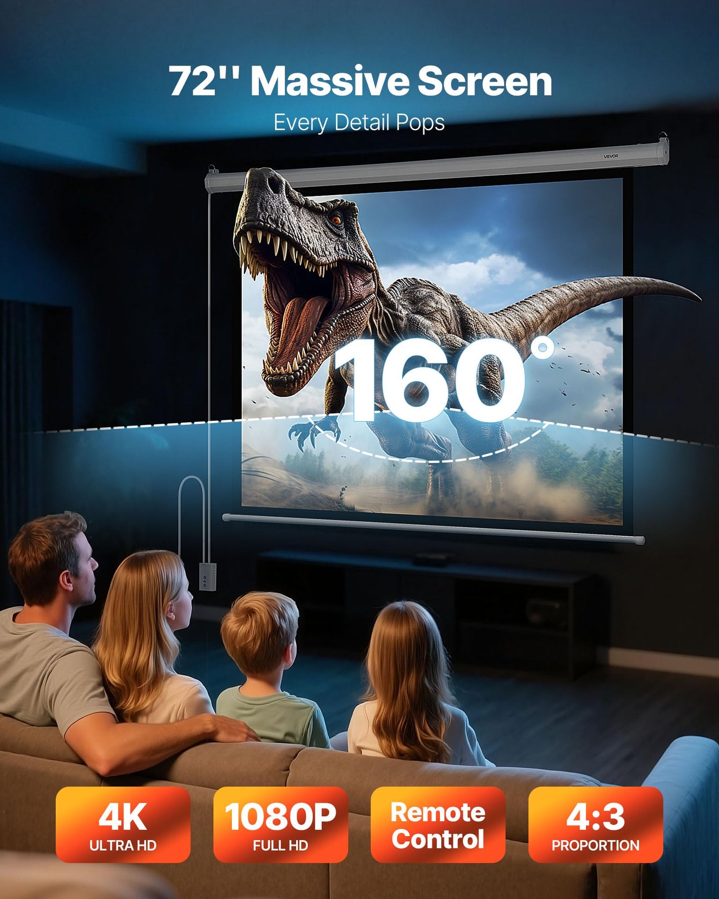 VEVOR Motorized Projector Screen, 72 inch 4:3 1080 HD Electric Projection Screen, Wall Mounted Projection Dispaly Projector with Remote Control