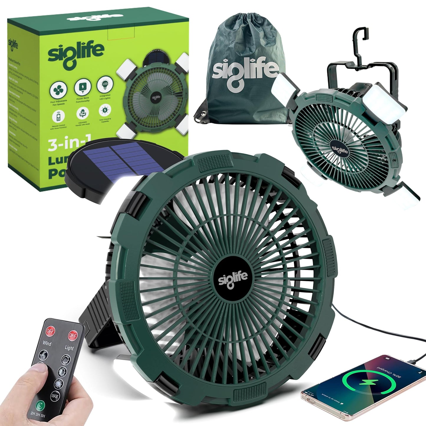 Siglife Solar Camping Fan - Camping Fan Solar Powered with Light, Remote & Power Bank - Portable Solar Fans for Tents, Hiking, Power Outage,