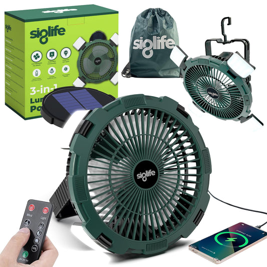 Siglife Solar Camping Fan - Camping Fan Solar Powered with Light, Remote & Power Bank - Portable Solar Fans for Tents, Hiking, Power Outage,