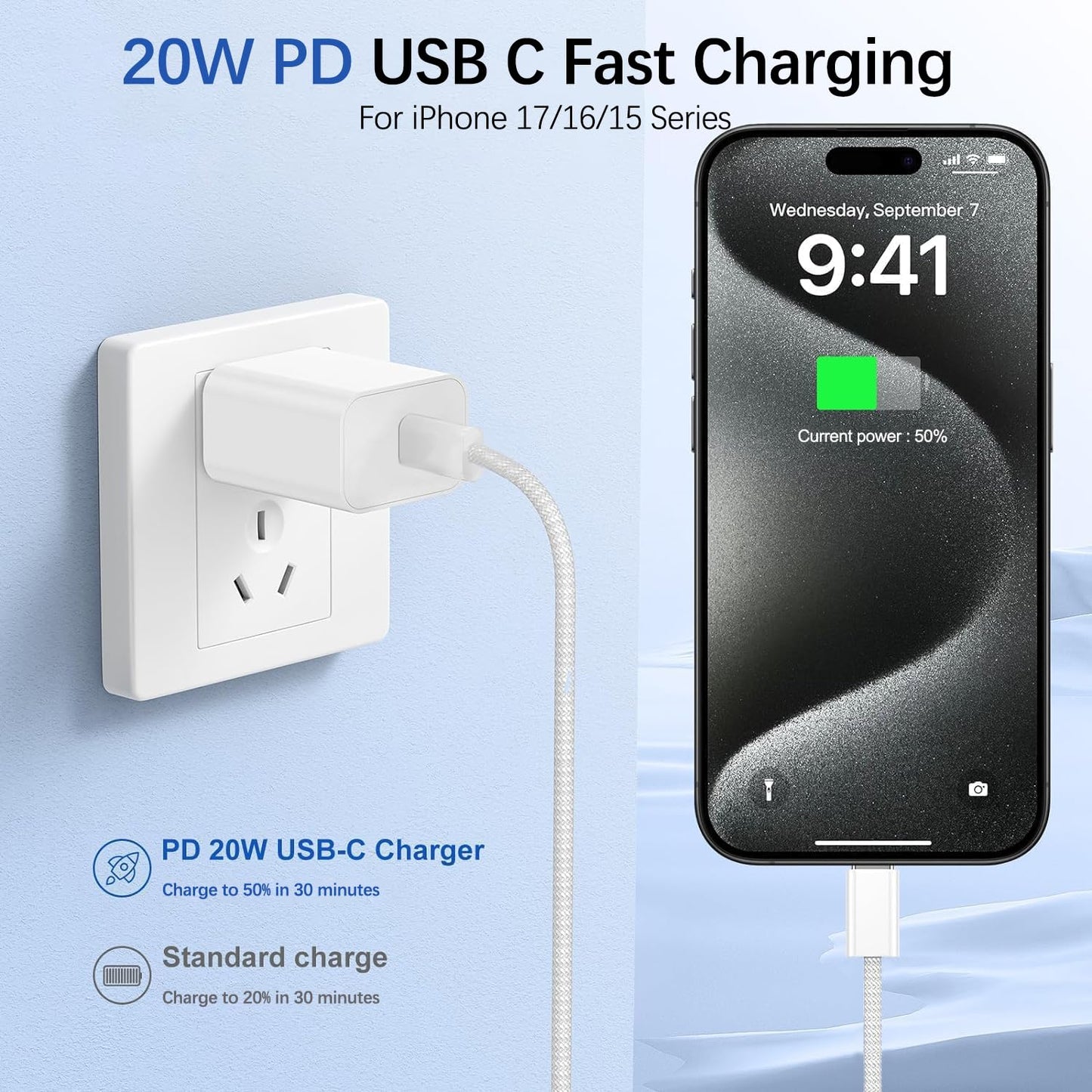iPhone 17 16 Fast Charger,20W USB C Wall Charger Adapter with USB C Fast Woven Charging Cable for iPhone 17 Pro Max/17 Air/16e/15 Plus,iPad Pro