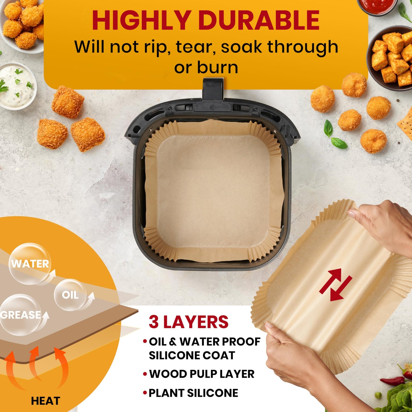 Baker's Signature Air Fryer Paper Liners, 125-Pack Disposable 8" Square, Non-Stick & Oil-Proof for 5-8 Qt Baskets, Easy Cleanup