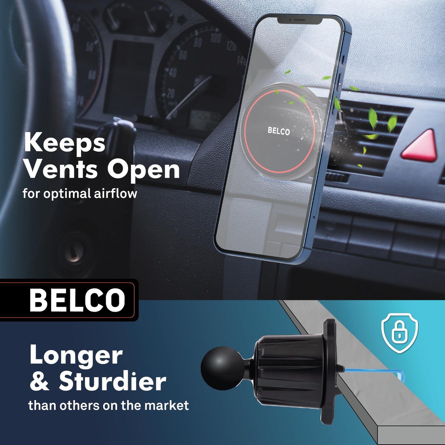BELCO Magnetic Phone Holder for Car - Adhesive Car Phone Mount with 360-degree Rotation for Dashboard and Air Vent - Compatible with iPhone