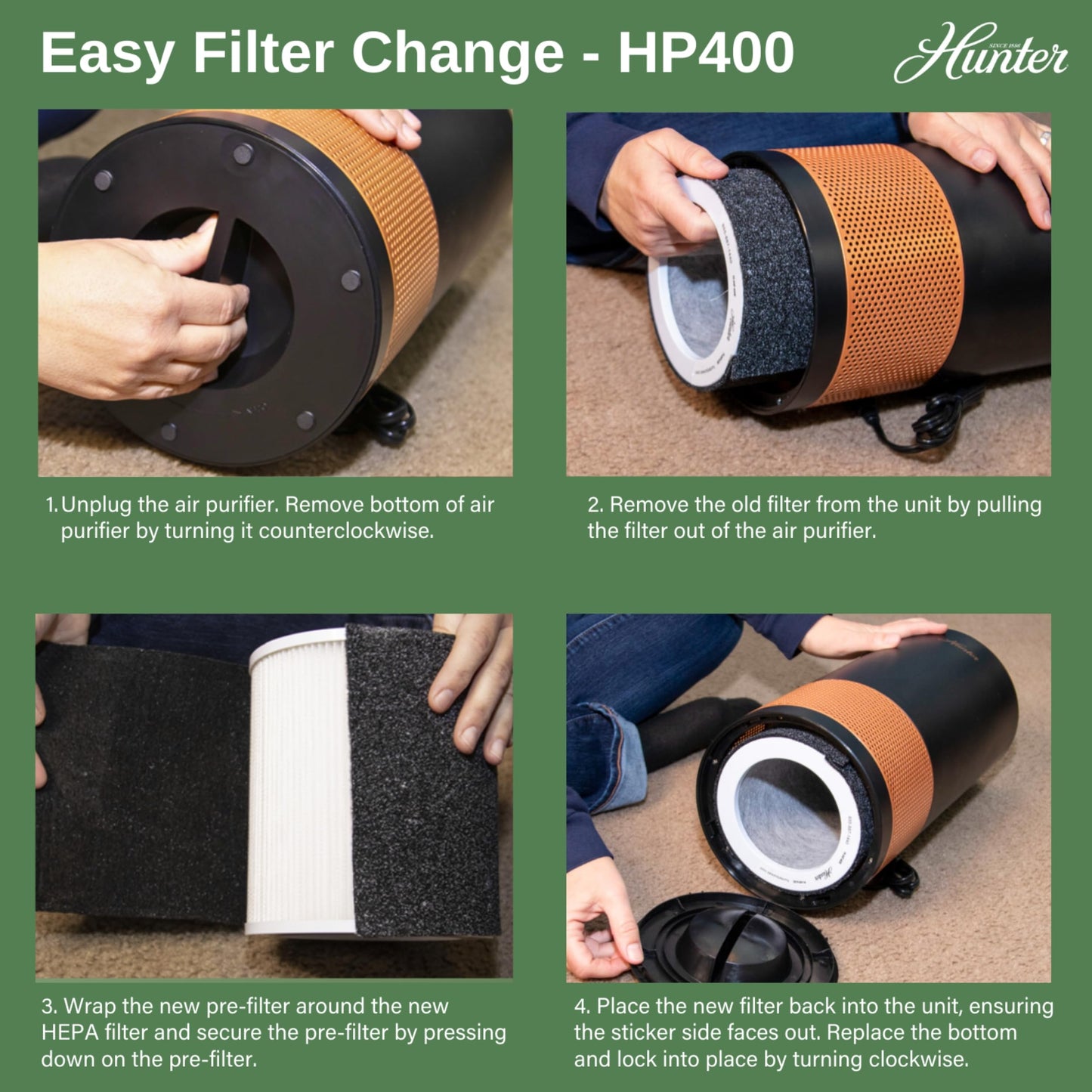 Hunter HP400 Round Air Purifier for Odors, and Allergens, Sage and Silver