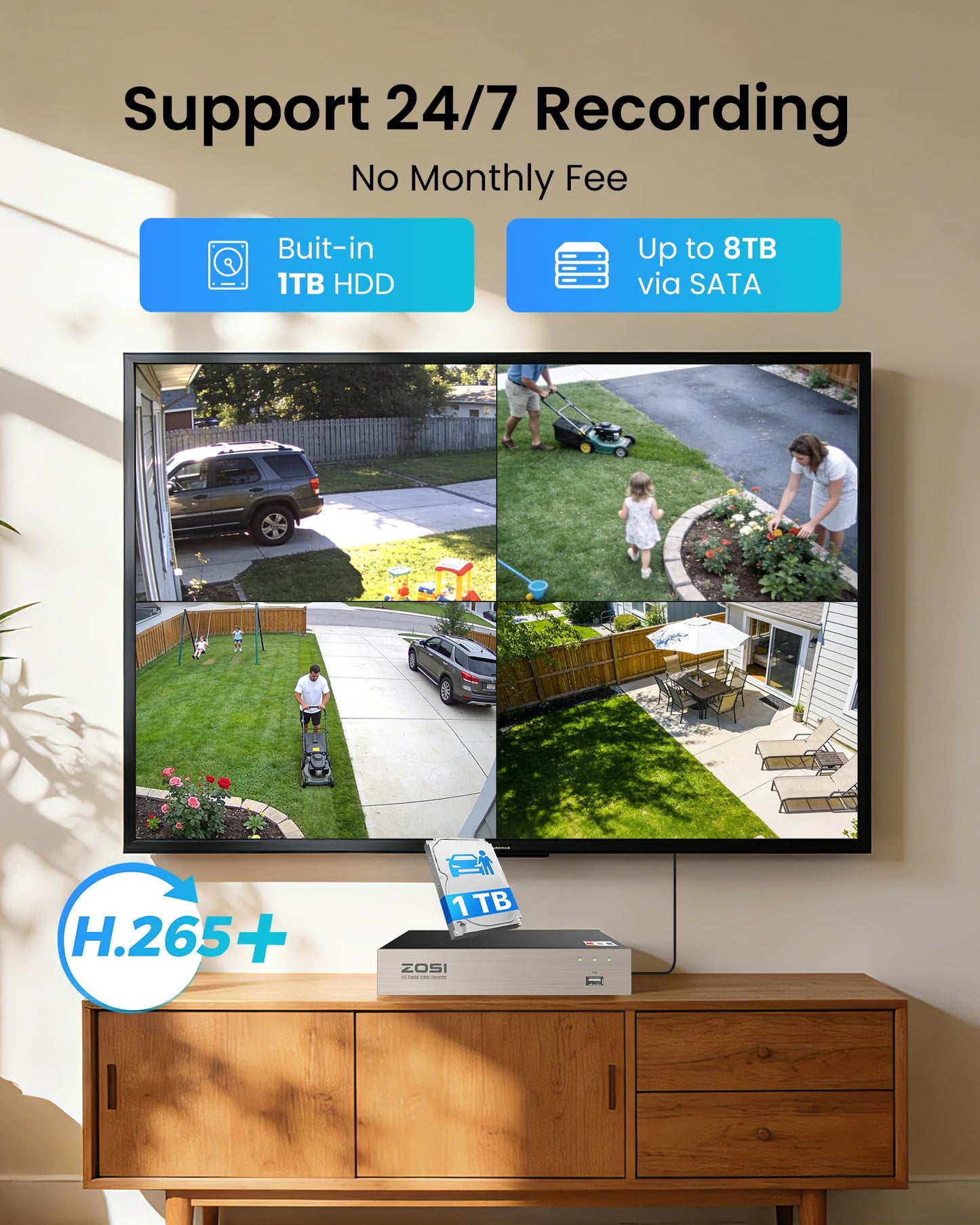 ZOSI 3K Lite Security Camera System with AI Human Vehicle Detection,H.265+ 8CH HD TVI Video DVR Recorder with 4X HD 1920TVL 1080P Indoor Outdoor