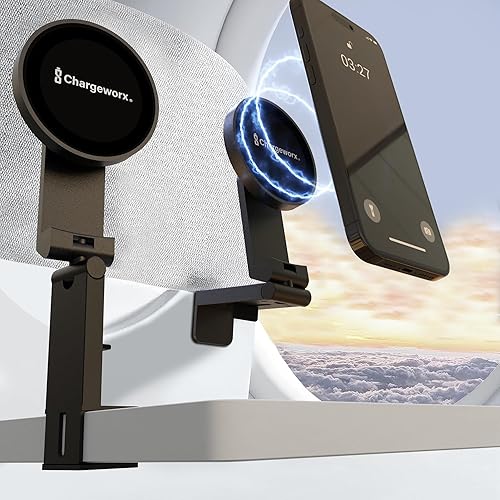 CHARGEWORX Magnetic Phone Holder for Airplane, Foldable Travel Mount with Clamp and 360 Rotation, MagSafe Compatible iPhone 17 Pro Max and Android