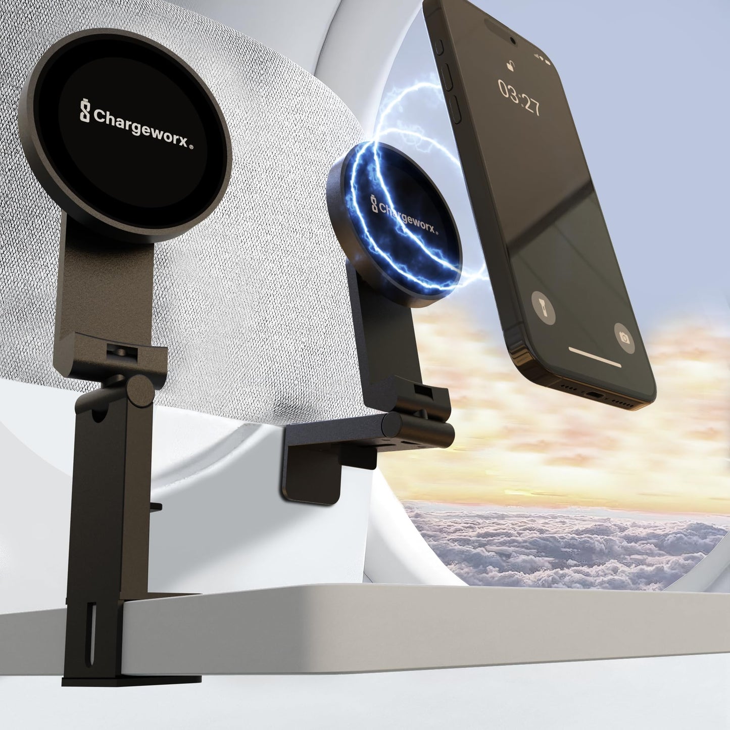 CHARGEWORX Magnetic Phone Holder for Airplane, Foldable Travel Mount with Clamp and 360 Rotation, MagSafe Compatible iPhone 17 Pro Max and Android