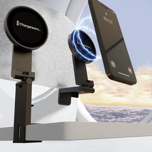 CHARGEWORX Magnetic Phone Holder for Airplane, Foldable Travel Mount with Clamp and 360 Rotation, MagSafe Compatible iPhone 17 Pro Max and Android