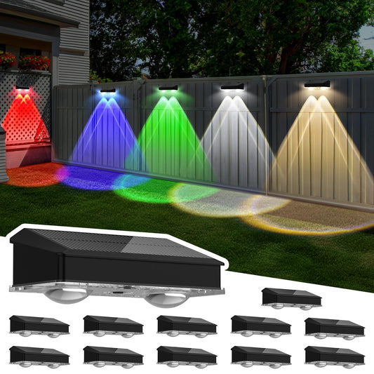 Solar Fence Lights Outdoor 12 Pack, Warm White & Cool White & 6 Colored+RGB Color Changing, High Brightness LED Spot Lens Deck Lights Dusk to Dawn