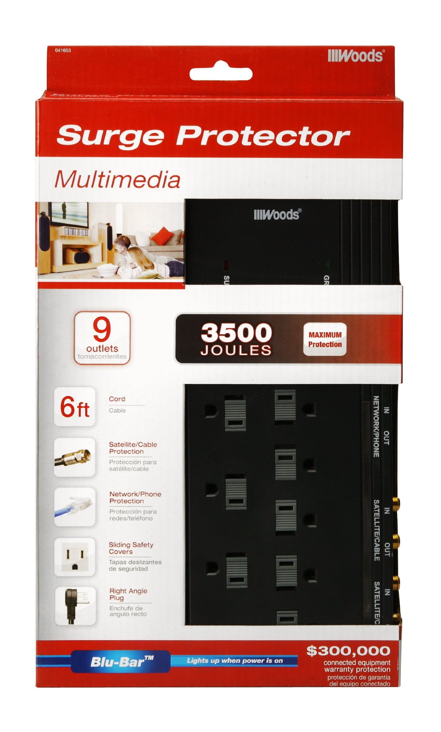 Woods 41653 9-Outlet 3500-Joule Surge Protector with 6-Foot Cord and Phone/Coax Protection, Black