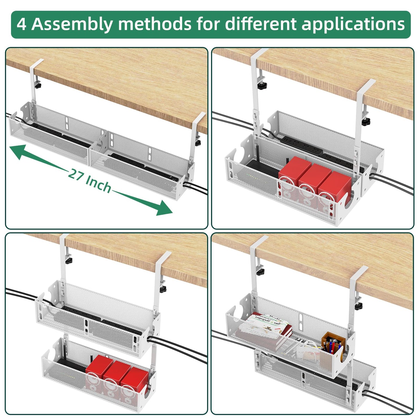 Multi-Model Under Desk Cable Management 2 Pack Metal Under Desk Wire Management Tray Clamp Mount Under Table Cord Management No Damage The Desk White