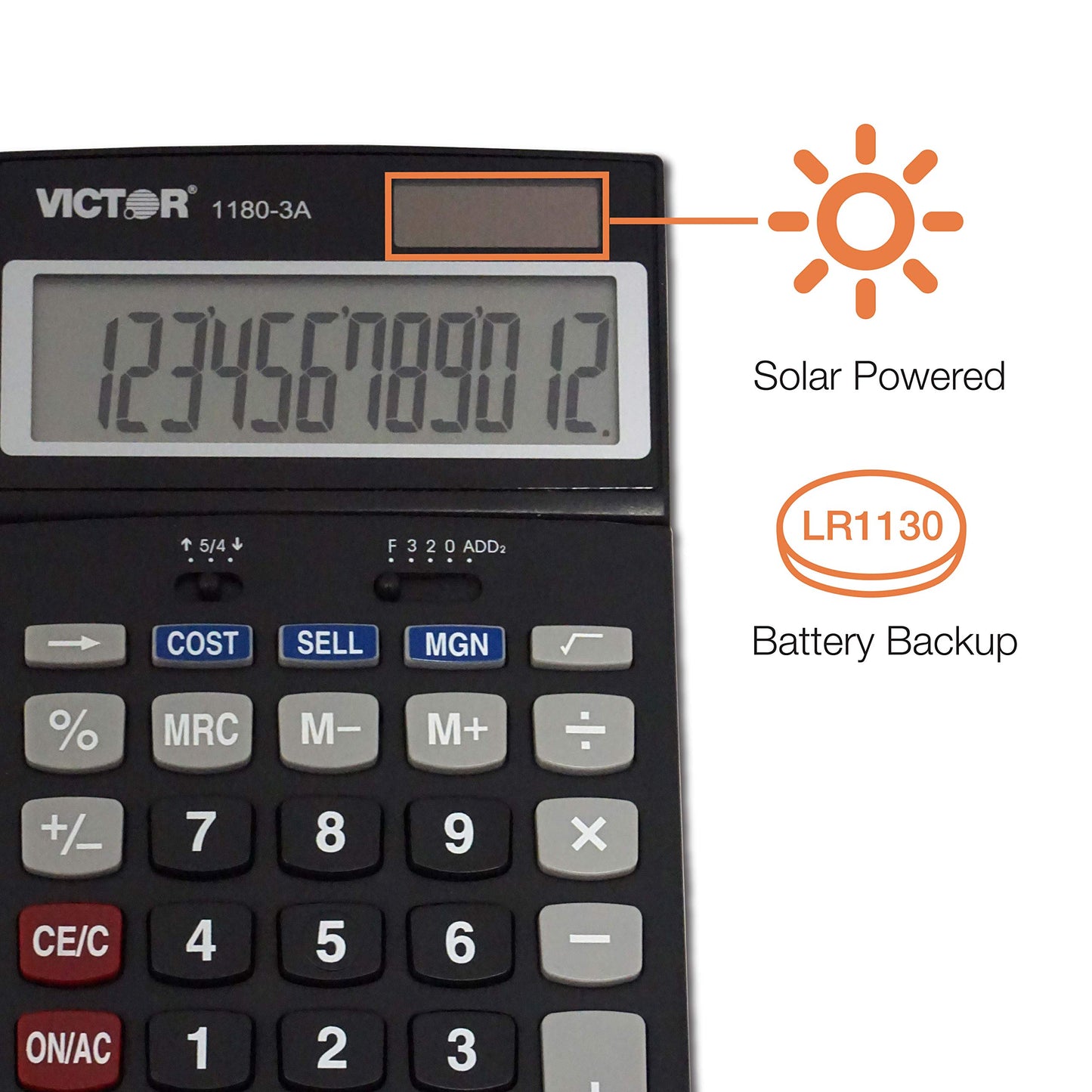 Victor 1180-3A 12-Digit Standard Function Calculator, Battery and Solar Hybrid Powered Adjustable Angle LCD Display, Great For Home and Office Desks