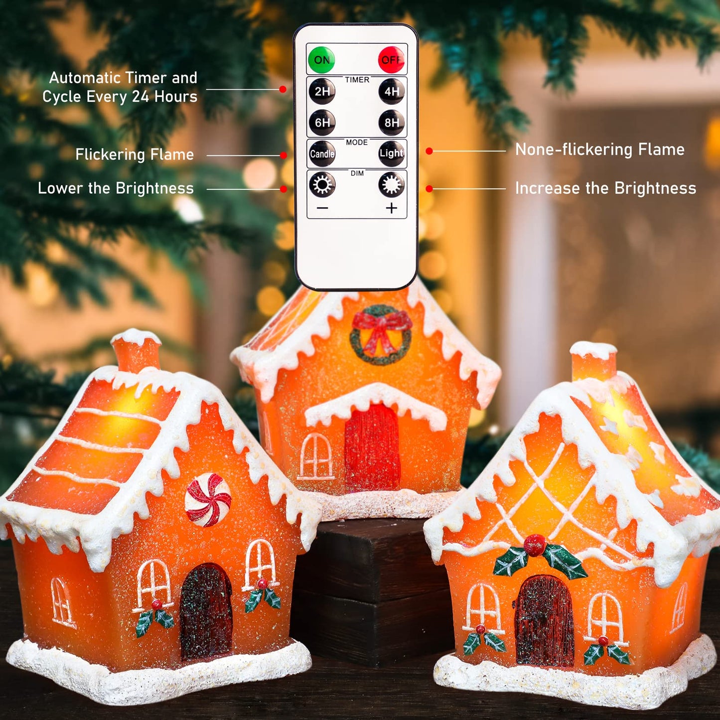 Christmas Gingerbread House Tabletop Decoration Lighted Christmas Village House Real Wax Battery Operated with Remote Flickering LED Light Christmas
