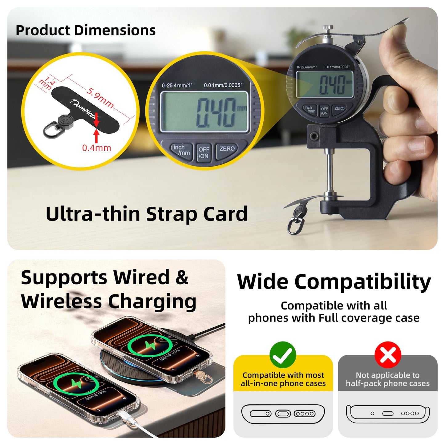 DomiHapi Phone Tether Tab, 4-Pack 360° Rotatable Secure Anti-Drop Lanyard & Wrist Strap Compatible Patch for Cell Phone Case