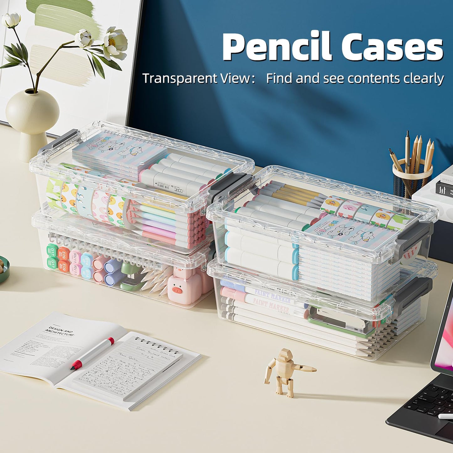 BiuLeon 4 Pack Extra Large Pencil Box, Plastic Pencil Case Organizer, Clear Crayon Box Marker Organizer, Stackable Craft Organizers and Storage