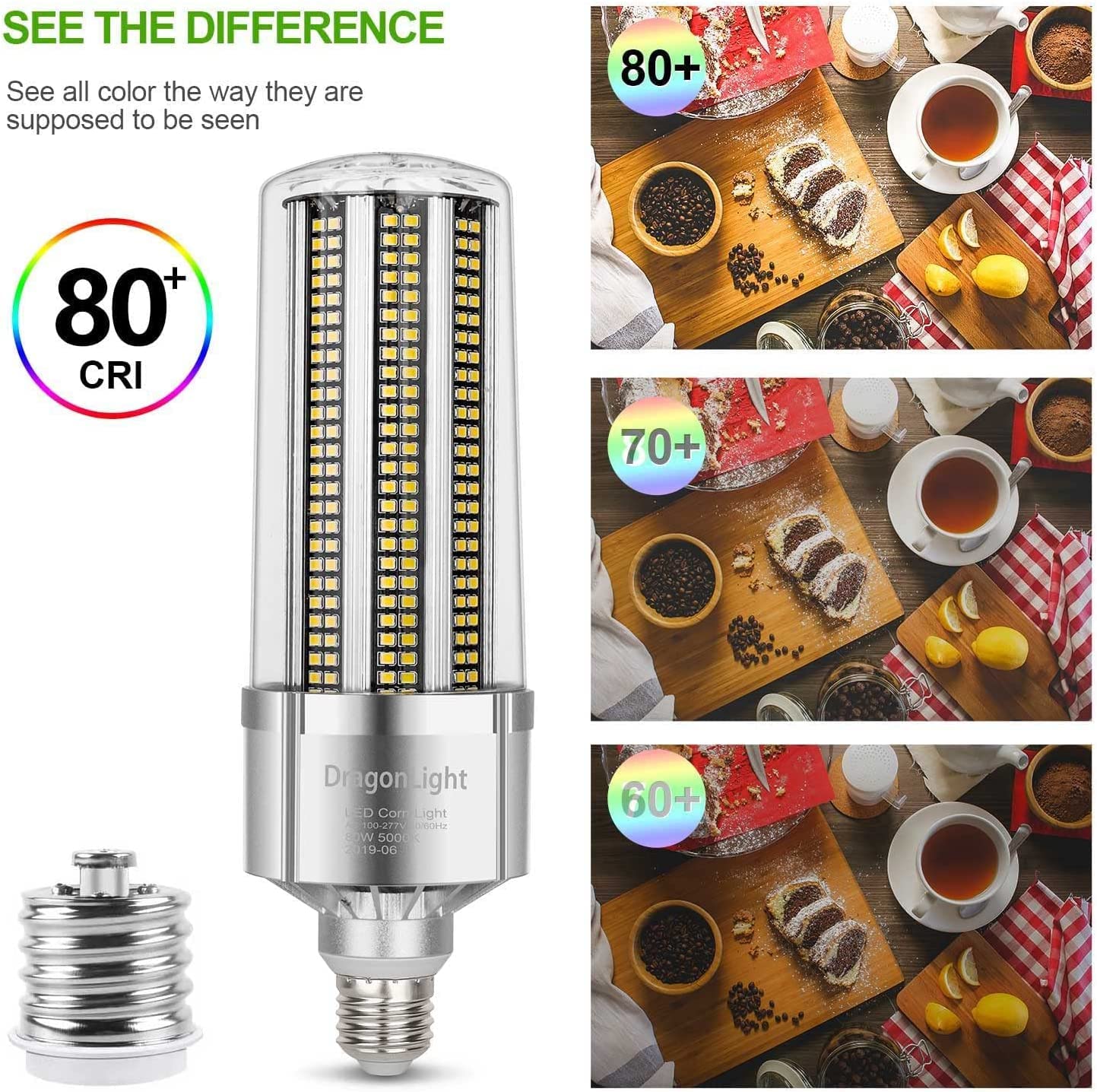 DragonLight 80W Commercial Grade Corn LED Light Bulb(600 Watt Equivalent) E26/E39 Large Mogul Base LED Lamp 5000K Daylight 9,600LM for High Bay Area