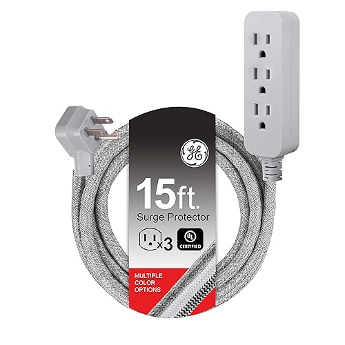 GE Pro 3 Outlet Surge Protector Power Strip, 15 Ft Designer Braided Extension Cord, Flat Plug, Wall Mount, Heather Gray, 45915