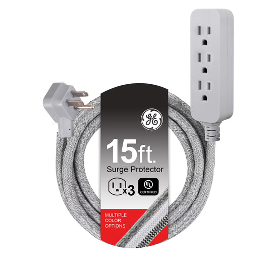 GE Pro 3 Outlet Surge Protector Power Strip, 15 Ft Designer Braided Extension Cord, Flat Plug, Wall Mount, Heather Gray, 45915